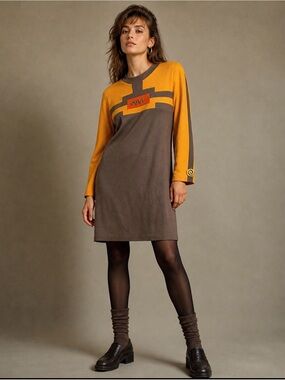 Vintage 80s/90s STEVE FABRIKANT Womens M Wool Colorblock Dress Brown Yellow